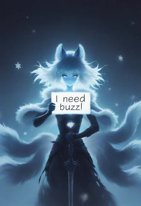masterpiece, best quality, good quality, newest, highres, absurdres, volumetric lighting, uncensored,need_buzz, holding sign saying "I need buzz",
BREAK
raytracing, volumetric lighting, ambient occlusion, girl, background, masterpiece, best quality, very awa, absurdres, model style, stylist,
BREAK
Youko, animal ears, many tails,
BREAK
(glow in the dark),soft lighting, (dramatic light, strong lighting:1.2),
1girl,solo,c owboy shot, simple background, dark background, unsheathing, sword, holding, looking at viewer, half close-up,
A solemn young woman wrapped in a heavy, dark, fur-trimmed cloak stands in the impenetrable darkness of a frozen forest at night.
She slowly draws a crystalline longsword.
The blade is coated in intricate frost patterns that emit a cold, soft, pale-cyan light.
Tiny, glowing snowflakes drift lazily from the sword, and a visible cold mist emanates from the blade and her breath, catching the faint light.
Still, cold, ethereal atmosphere.