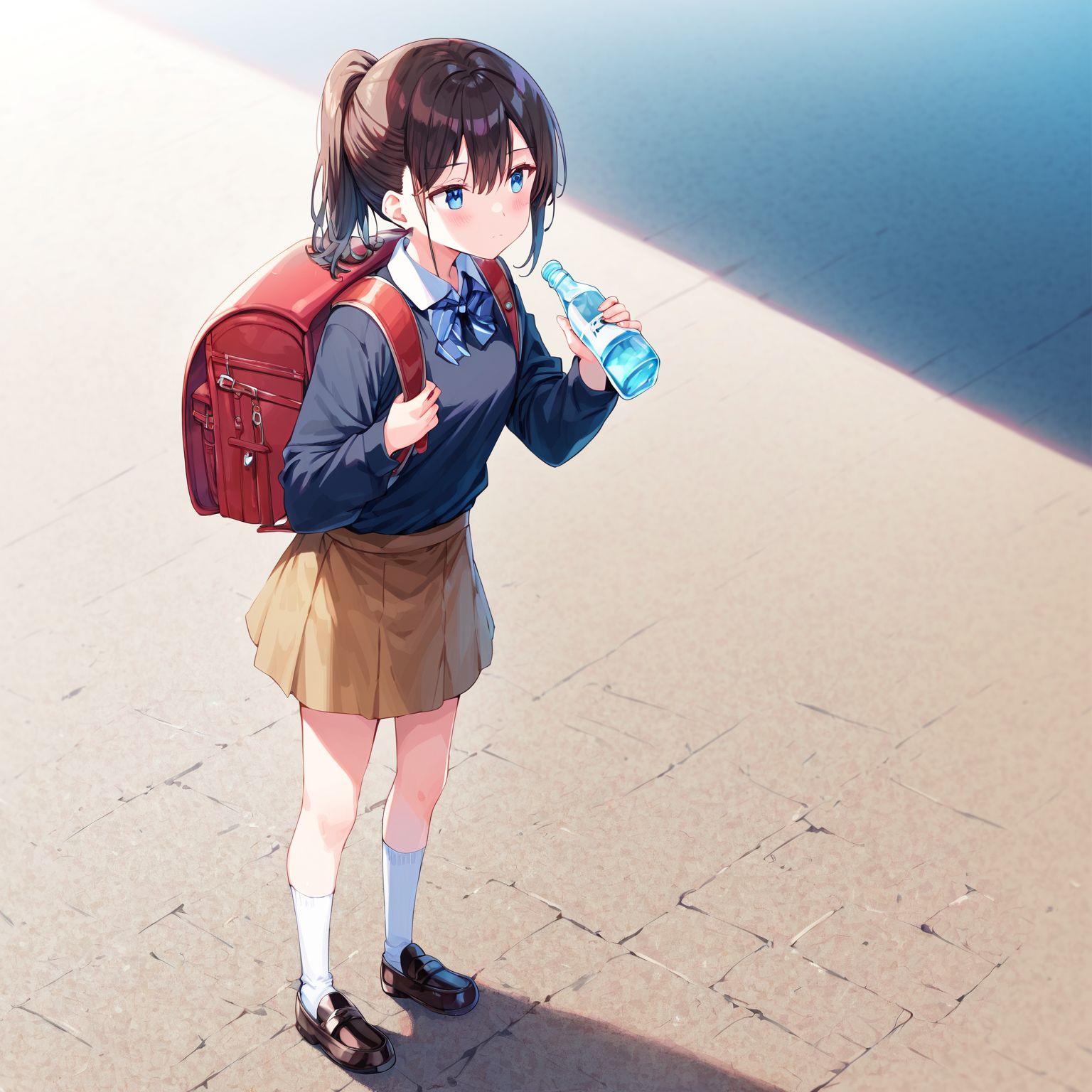 <lora:randoseru_XL_pony:1>
score_9, score_8_up, hiten \(hitenkei\), 
1girl, solo, randoseru, backpack, bag, black bag, black footwear, black shirt, black socks, blue eyes, blush, bottle, brown hair, brown skirt, closed mouth, collared shirt, day, full body, hair between eyes, holding, holding bottle, loafers, long sleeves, looking away, medium hair, outdoors, ponytail, shirt, shoes, shoulder bag, skirt, socks, standing, white socks
