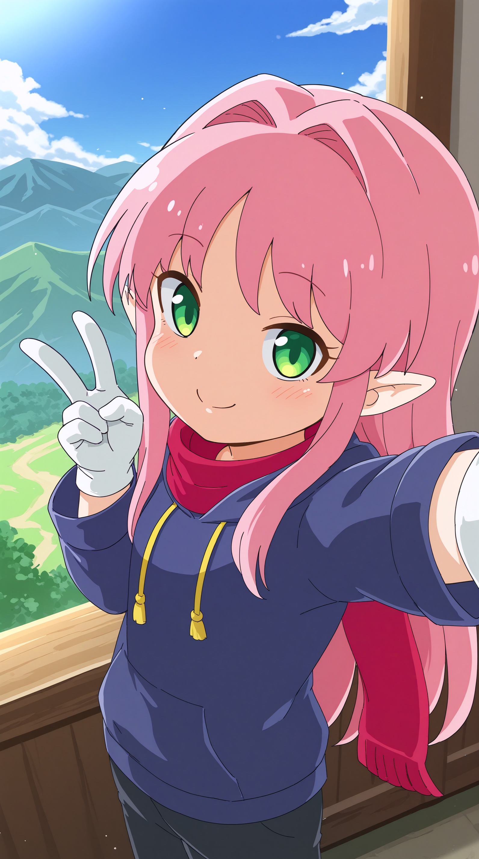 masterpiece, best quality, amazing quality, very aesthetic,  absurdres, best quality, 4k, upscale, indoors,   Sholico, yoMikami, outdoors, sky, landscape, (dynamic pose, foreshortening), 1girl, solo, pink hair, gloves, long hair, blush, green eyes, smile, pointy ears, scarf, white gloves, hair intakes, hoodie, pants, long sleeves, v,    <lora:Sholico_Magi_Fanta_G_Style:1>