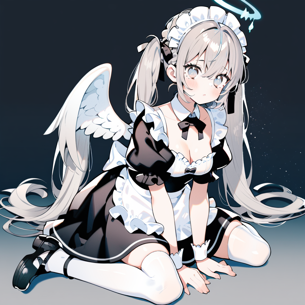 masterpiece, best quality, <lora:style28-xl-a3.1:1>,1girl, solo, thighhighs, wings, black footwear, long hair, apron, twintails, white thighhighs, sitting, short sleeves, wariza, maid, maid headdress, halo, breasts, dress, looking at viewer, ribbon, angel wings, white background, shoes, black dress, simple background, puffy sleeves, wrist cuffs, feathered wings, hair ribbon, very long hair, cleavage, grey hair, black ribbon, white wings, bow, bowtie, frills, white apron, puffy short sleeves, bangs, maid apron, small breasts, hair between eyes, between legs, full body, blush, blue eyes, closed mouth, hand between legs, angel, frilled apron, waist apron, zettai ryouiki, detached collar, grey eyes, neck ribbon, parted lips, medium breasts, thighs, sidelocks, black bowtie, hair intakes