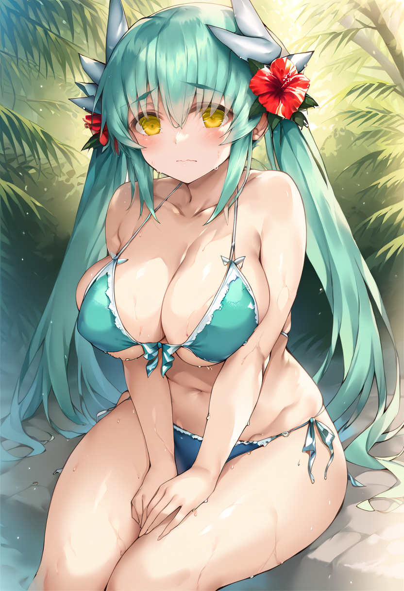 score_9, score_7_up,1girl, <lora:kiyohime_(lancer)_XL_1:1>  bbkiyo, long hair, aqua hair, white horns, hair flower, red flower, yellow eyes, huge breasts, wide hips, thick thighs, blush, long hair, bikini, navel,  sitting, swimsuit, wariza, striped clothes, wavy mouth,  striped bikini, skindentation, thighs, side-tie bikini bottom, twintails, bursting breasts, hair between eyes, embarrassed, hand between legs, stomach, breasts, solo, frown, curvy, between legs,
  <lora:morizono_shiki-Style-PonyXL-GLoRA:1>