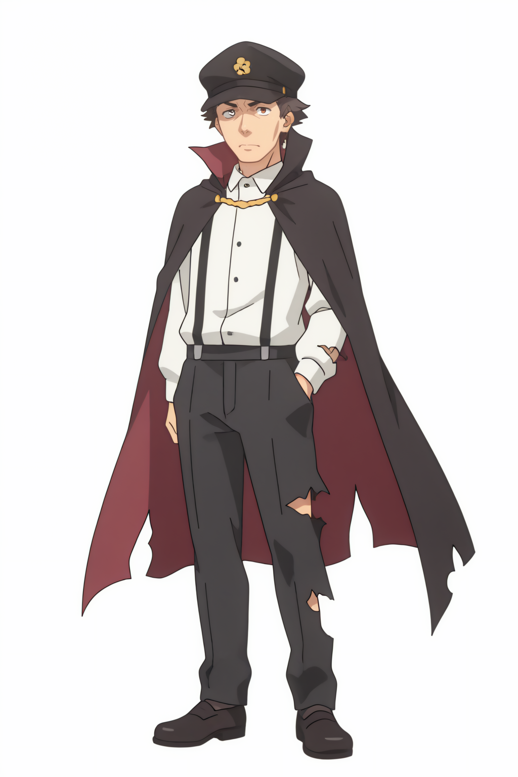 full body,  Hyoizaburo, black cape, black headwear, black pants, collared shirt, hat, long sleeves, short hair, suspenders, torn clothes <lora:Konosuba_Bakuen_-_Hyoizaburo_-_illustrious:0.8>