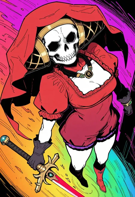lazypos, absurdres,very aesthetic,sharp detail,intricate detail,
official art,artist:yukataro,artist:sparrowl,norakura \(nr kura\),jonpei,(zyugoya, fir3born, naga u:0.5),ireading,(krekkov:0.5),fujimoto tatsuki \(style\),
( Full body portrait, m0th3rharlotsmt, skull, veil, jewelry, red dress, puffy sleeves, gloves )
dynamic angle,looking at viewer,(three quarter view:0.2),
(from above:0.2),
(dutch angle:0),
close-up,
colorful,