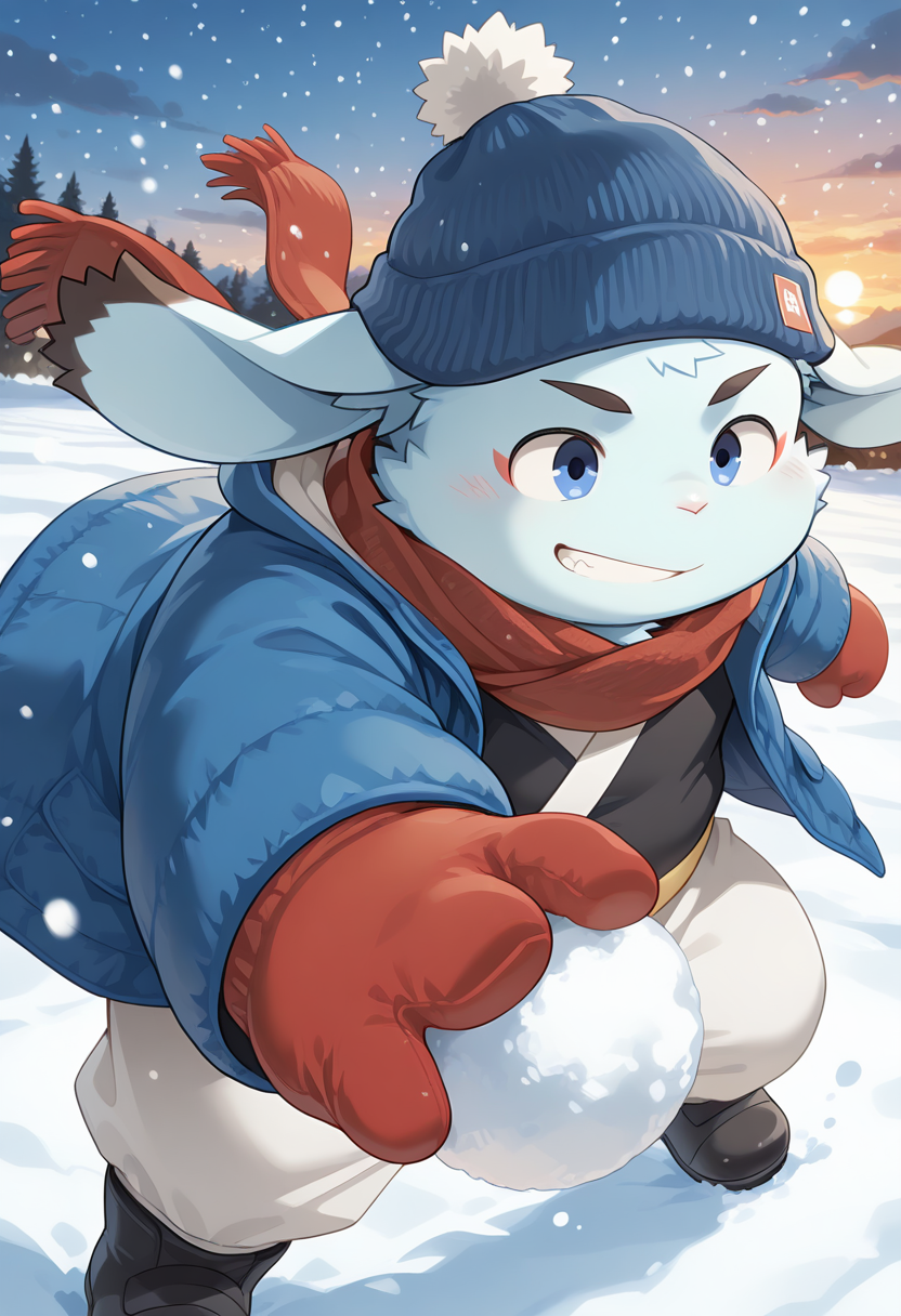 amazing quality, colorful, best quality, high quality, dynamic pose, dynamic angle,, high angle, looking away, attack, sunset, fighting stance, 
<lora:inaba-v5-000010:0.9> t-inaba, BREAK anthro rabbit, rabbit boy, 1boy, young, furry, (aged_up:0.5), winter_clothes, pom_pom_beanie, black_yukata, red_scarf, red_mittens, blue winter_jacket, yellow sash, (perspective:0.5), upper body, snowing, snowball_fight, smile, teeth, parted lips, two-tone hat, red hat, blue hat, holding snowball, yellow sash, white baggy_pants, black_boots,