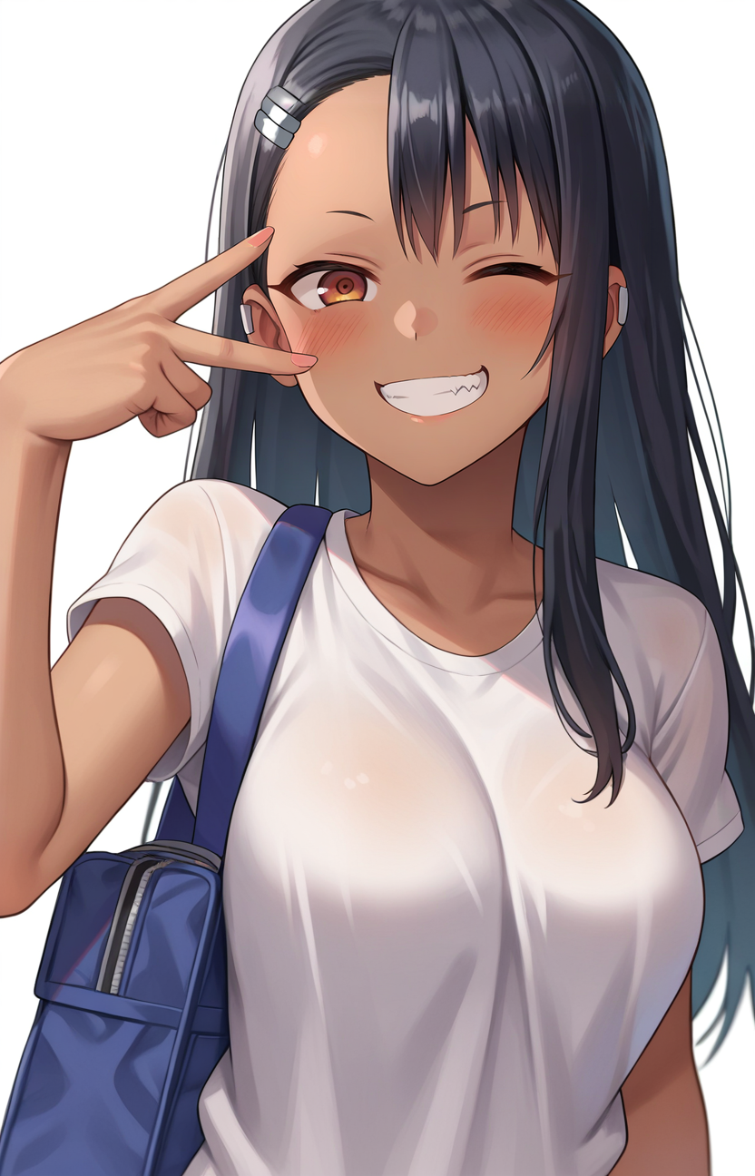 <lora:v_w_backhand_XL_v1_wasabiya:1>,score_7_up,anime,cowboy shot,large breasts,v over eye,backhand,1girl,solo,long hair,blush,one eye closed,smile,dark-skinned female,shirt,hairclip,bag,upper body,nagatoro hayase, smirk, grin, shaded face,