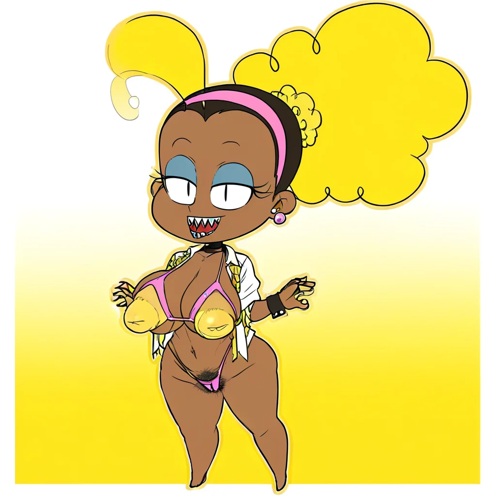 sideboob, yellow background, earrings, scrunchie, breasts out, puffy nipples) (white shirt, pink panties, pink leotard, hairband, sharp teeth, very dark skin, one thumb on each hand:1) (detailed hands:1) (solo, hair ornament, open clothes, full body, portrait, forehead, gradient, standing, covered nipples, very high quality, black choker, open shirt, thighs, multicolored hair, yellow bikini, navel, one character) (anatomically correct) (detailed face and eyes:1) (precise face and eyes:1), upper body, plaid, nude, multiple girls, highleg, wrist cuffs, yellow skirt, large breasts, white background, inverted nipples, female pubic hair, sanpaku, underwear, mature female, contrapposto, thong bikini, bikini, makeup, outline, chibi