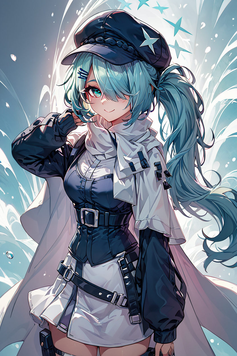 score_9, score_8_up, score_8, medium breasts, (curvy), cute, eyelashes,       BREAK, , ,,,  zzHiyori, long hair, hair over one eye, side ponytail, hairclip, hair ornament, aqua hair, green eyes, black headwear, hat, cabbie hat, long sleeves, white skirt, belt, white scarf, <lora:Hiyori_BlueArchive_PDXL_v2:0.8>,   ,,,, BREAK, smile, looking at viewer, cowboy shot, ,,, embedding:zPDXL, <lora:Hyperdriver_PDXL_v3:0.5>,