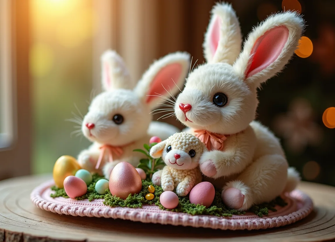 , mosaic, festive, easter bonnet (women's hat with decorations), bunnies stuffed animals, lamb dish, , soft, warm lighting