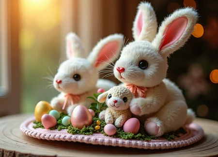 , mosaic, festive, easter bonnet (women's hat with decorations), bunnies stuffed animals, lamb dish, , soft, warm lighting