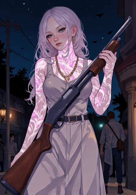 detailed digital illustration of a preppy young woman with Model870 pump action shotgun holding it casually, one hand on the wooden handguard, the other hand on the wooden grip, casual stance, wearing midi dress, gold chain necklace, she has luminescent pink bio ink designs on her exposed skin, detailed background at night, (Colored JJK Manga Style:0.5), (Mangaka style:0.5), bio ink<lora:Jujutsu_Kasien_Colored_Manga-000001.safetensors:0.5:0.5> <lora:Model870-18.safetensors:1.0:1.0> <lora:Mangaka V2.safetensors:0.5:0.5> <lora:BioInk2FLUX.safetensors:1:1>