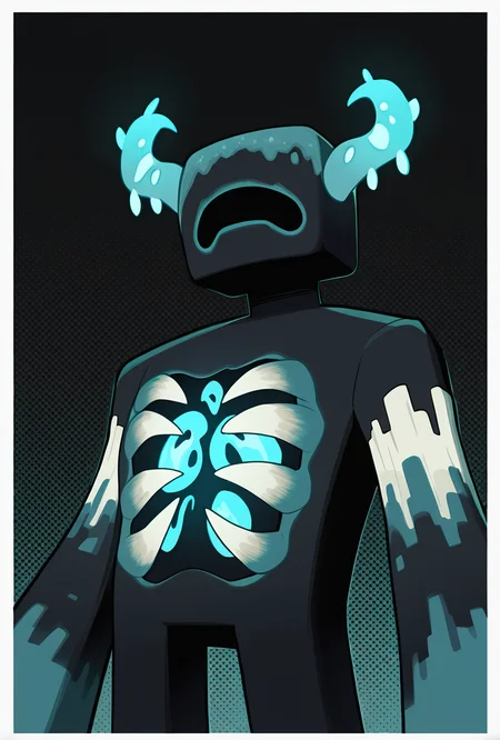 <lora:warden-10:1> warden, glowing horns, standing, solo, monster, open mouth, creature, teeth, no eyes, pokemon (creature), ribs, colored skin, ((wide head, big head,)),, no teeth, no humans, big arms,  no hands, no wrists, wide body, upper body, no legs,, masterpiece, best quality, amazing quality, very aesthetic, absurdres, newest,, upper body, halftone effect, white borders, abstract background:1.2,