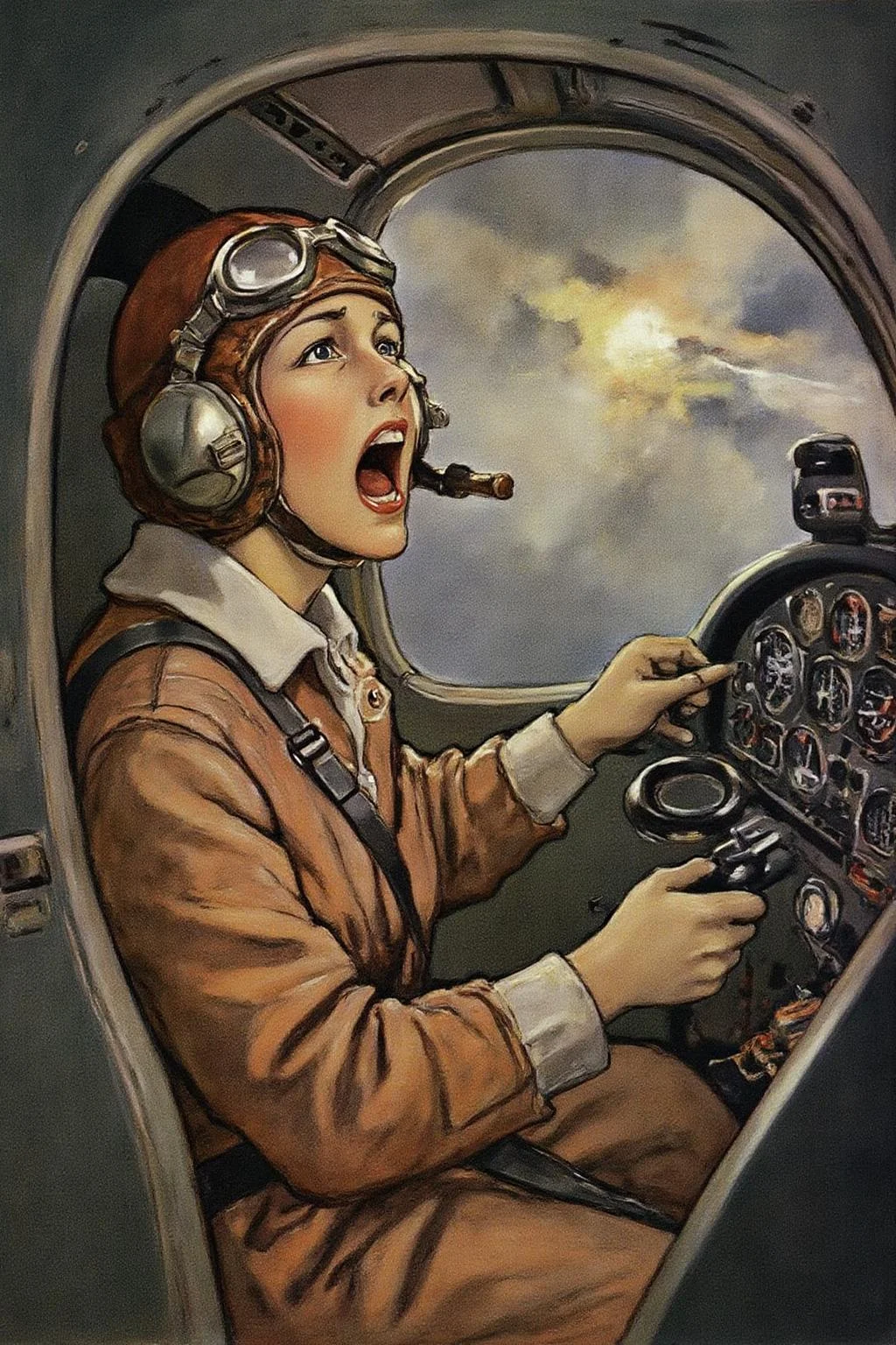 jessiewillcoxsmith1 illustration. A female pilot screaming inside the cockpit of a World War II bomber. The pilot, wearing a vintage leather flight helmet with goggles and a bomber jacket, grips the controls with white-knuckled hands. Her face is contorted in a mix of fear and determination as she yells, her eyes wide with adrenaline. The cockpit is cramped and filled with old-fashioned dials and gauges, with the outside view showing dark stormy clouds and distant anti-aircraft fire <lora:jessiewillcoxsmith1_cap_d8a4e12:1.0><lora:850716696711836084:0>