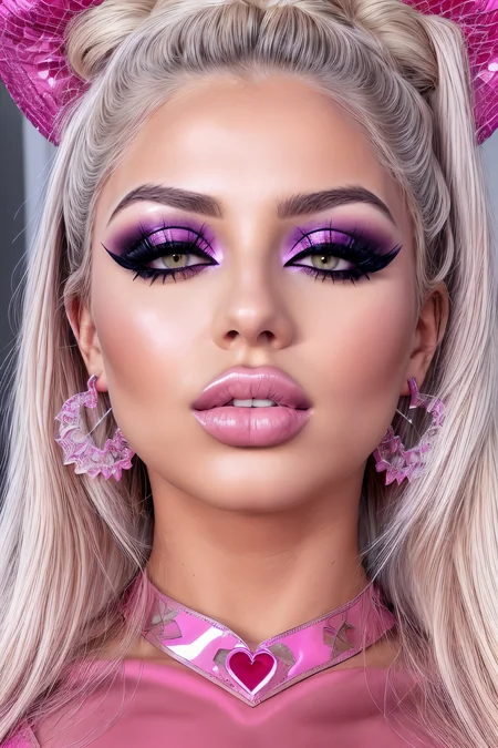 Quality: (edgQuality:1.2), (8k, best quality, realistic, intricate details, ultra high res, photorealistic, masterpiece, extremely detailed, cinematic light, Unreal Engine:1.4), (ultra realistic 8k cg, uhd, sharp focus, digital art:1.0), BREAK 
Subject: bimbo, big breasts - (breast implants, fake tits, unaligned breasts, perfectly round breasts:1.3), big ass, big thighs, big lips, big eyes, (stunning makeup, lipgloss, strong lipliner, heavy eyeliner, false eyelashes:1.2), bombshell hair, fFaceDetail, SkinDetail, EyeDetail, HairDetail, fHandDetail, (ah1, tanned skin, detailed hair, smooth skin, oiled skin, shiny skin, young:1), <lora:ImplantsAF:0.5>, <lora:bimsuite-10:1>,  <lora:eyelashes_slider_v3:0.5>, <lora:eyeliner_v1:0.5>, <lora:BimboMakeup_v1:0.5>, <lora:glam style makeup:0.5>, BREAK
Outfit: (fuchsia Shiny Latex Slutty top, big earrings, luxury jewelry:1.2), latex with an incredible texture, shiny latex, BREAK
Details: <lora:LORA-XenoDetailer-v3A:1>, <lora:hyperdetailer_v095:0.5>, <lora:add_detail:0.3>, <lora:more_details:0.1>, BREAK