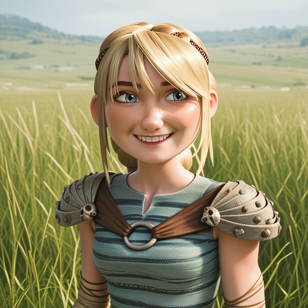score_9, score_8_up, score_7_up, score_6_up, score_5_up, score_4_up, 1girl, Astrid, smile, in a field, tall grass