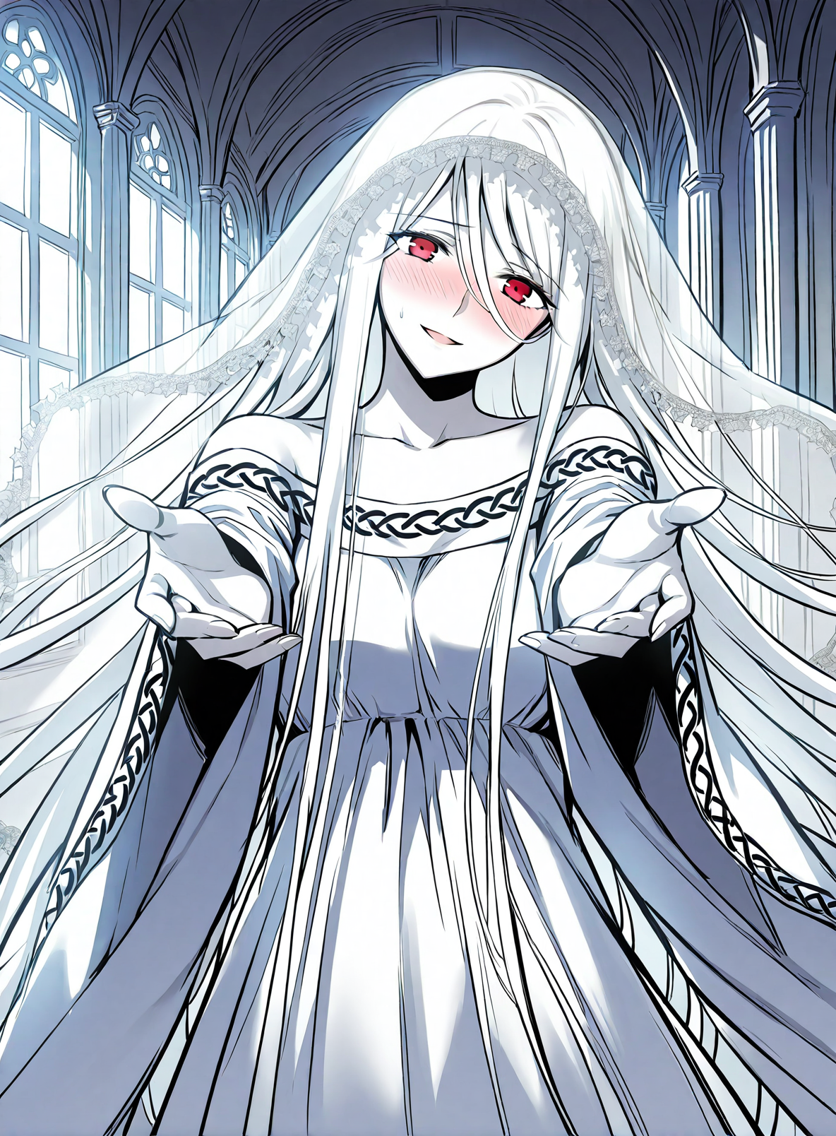 <lora:Yuridika__Doom_Breaker__Illustrious:1>
1 girl, red eyes, pale skin, hair between eyes, white hair, very long hair, bangs
white dress, veil, collarbone, wide sleeves, long sleeves, bare shoulders,
score_9, score_8_up, score_7_up, score_6_up, source_anime, rating_explicit, 1girl, solo, smile, embarrassed, alcalose eyes, open mouth, mansion, indoors, looking at viewer, outstretched arms, pov, close-up, (head tilt:1.2)
