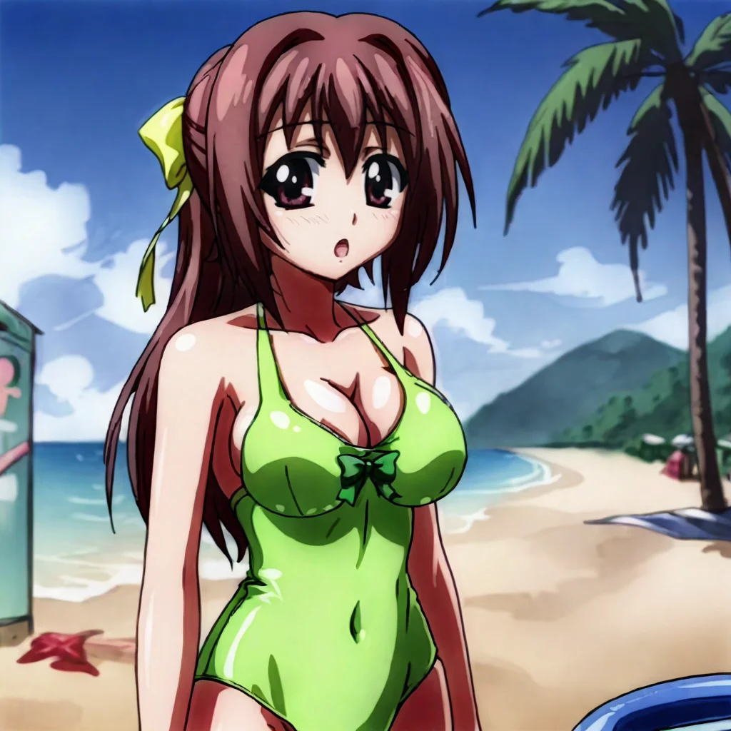<lora:Sohara_pony_v1:1>SoharaSwimsuit, 1girl, casual one-piece swimsuit, large breasts, brown hair, cleavage, brown eyes, long hair, green one-piece swimsuit, hair ribbon, covered navel, bow, cowboy shot