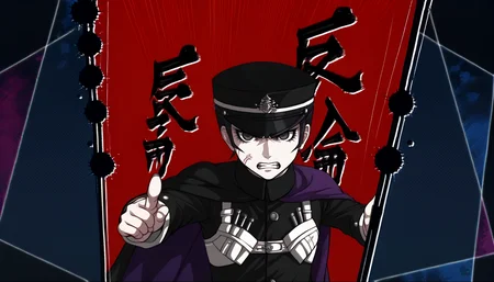 score_9, score_7_up, source_anime, 1boy, <lora:Danganronpa3ObjectionCutIn_pdxl_Incrs_v1:1.2> objection, upper body, multicolored background, red background, Kanji, clenched teeth, pointing, <lora:zs_RaidouXL:1> raidoudsrk, short hair, black hair, black eyes, shako cap, gakuran, cape, holster