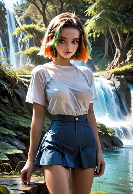 Realism_Quality_2xx_By_Stable_Yogi, score_9, score_8_up, score_7_up, 1girl, free spirit, Forrest, pond, vertically reflective water, waterfall, short skirt, colorful transparent top, colored thighhighs, ,autumn, day, sunny, multicolored ginger hair, copper streaked hair, absurdres, highres,