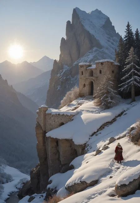 (ruins, broken, snow, dappled sunlight:1.2), sun, tree, forest, scenery, rock, reflection, ancient, overgrown, mountains, sunset, clouds, mountainous horizon, fantasy, medieval, 1other, looking away (masterpiece, exceptional, best aesthetic, best quality, masterpiece, extremely detailed:1.2), in the style of umempart
 (8k uhd:1,4)
 <lora:add-detail-xl:1>
 <lora:Dynamic Poses:1>