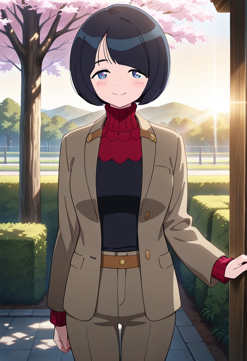 ((masterpiece, absurdres)), best quality, amazing quality, newest, 4k, anime coloring, very aesthetic, ray tracing,expourse light, Smooth Quality, CG lighting, mamamajo, 1 female, bob head, blue eyes, blush, turtleneck clothes, coat,(pants :1.2),belt,sakura tree, afternoon sunlight,smile