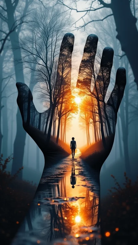 a silhouette of an outstretched hand with intricate patterns of trees and a sunset reflected within, warm hues of orange and yellow blending into soft blue and purple tones. In the foreground, a lone figure walks along a tranquil path, surrounded by ethereal light, as sunlight filters through the branches. The scene captures an impressionistic aesthetic with a dreamlike quality, evoking themes of nature, solitude, and introspection. Highlight the interplay of shadows and light, creating an emotional atmosphere, rich in detail and visual depth.  bo-exposure, double exposure,