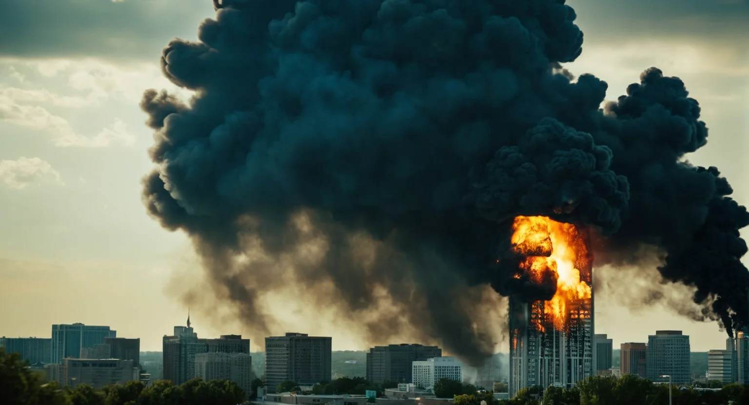 cinematic film still of  <lora:cinematic explosion style:1.5>
a large black cloud of smoke explosion is rising over a city cinematic explosion style, shallow depth of field, vignette, highly detailed, high budget, bokeh, cinemascope, moody, epic, gorgeous, film grain, grainy