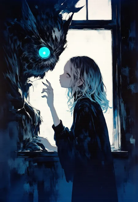 Contrast ghibli neon white, grey ,darketst vanta black canvas, blackest dark,dominant with minimal white as the reflection edges for the picture, the art is made to depict a woman in a black canvas and a window floats in the white space beside her as she pats a owl sitiing on window, owl eye are blue bioluminescent eyes glare,graphical polish,high contrast neon anime style, c1nna_sh4de