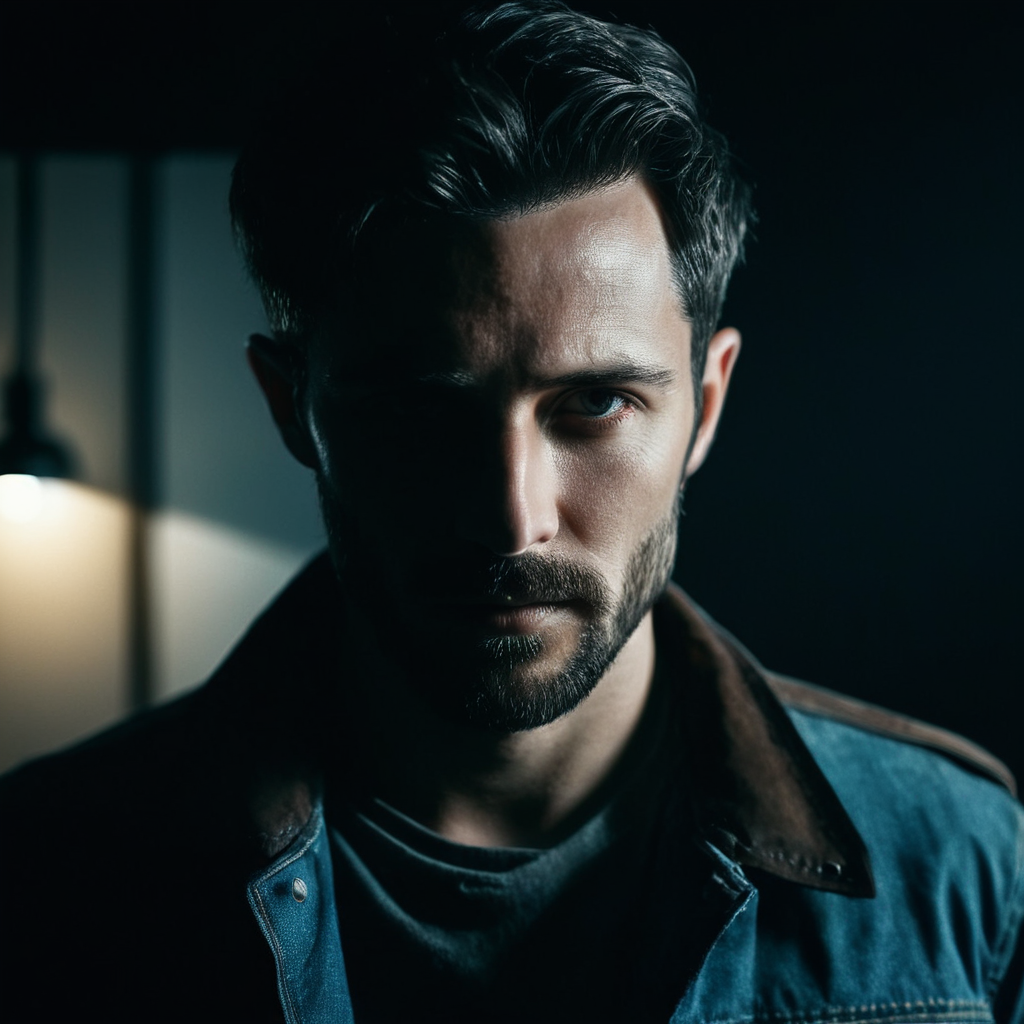 cinematic film still of  <lora:Split Lighting style v2:1>
Split Lighting Photography of a man in a dark room with a knife,solo,looking at viewer,short hair,shirt,black hair,1boy,jacket,male focus,facial hair,denim,beard,mustache ,realistic , realistic, realism, photorealism, hyperrealism, hyperrealistic, realistic, sharp, detailed, cinematography style, film light style, movie still,  professional photography, artistic, perfection, contrast, cinematic, filmic, high quality photo,  8k quality, colorful, partially covered in shadow, dark shadow, split light, side light, Split Lighting Photography style, shallow depth of field, vignette, highly detailed, high budget, bokeh, cinemascope, moody, epic, gorgeous, film grain, grainy