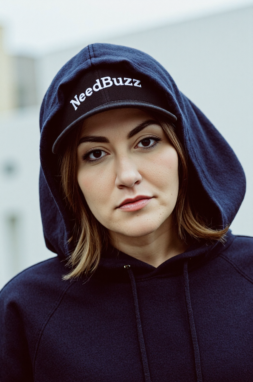 cinematic photo <lora:Dilan Yesilgoz:1.6> Dilan Yesilgoz wearing hoodie and a cap with the text "NeedBuzz", (masterpiece, best quality, high quality, highres, ultra-detailed), . 35mm photograph, film, bokeh, professional, 4k, highly detailed, detailed skin texture, (blush:0.2), (goosebumps:0.3), subsurface scattering, RAW candid cinema, 16mm, color graded portra 400 film, remarkable color, ultra realistic, textured skin, remarkable detailed pupils, realistic dull skin noise, visible skin detail, skin fuzz, dry skin, shot with cinematic camera