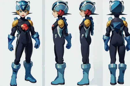 (masterpiece, official art, simple background, full body, standing, chara-sheet), best quality, megaman, (blue footwear, boots), (blue headwear, helmet), (indigo bodysuit:1.5), covered collarbone, yellow pauldron, blue gloves, green eyes, (red circular chest piece), looking at viewer, male focus, open mouth, smile, muscular, large pectorals, thick thighs