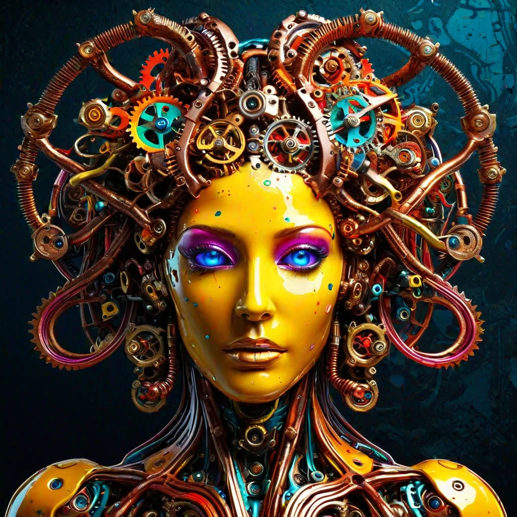 sfw, dynamic splashes, bright colors, high contrast, closeup of a cybernetic medusa made of roast gears with colourful metal , hyperdetailed, photorealistic,<lora:challenge\gearstyle-000001.safetensors:0.8500000000000002:0.8500000000000002>