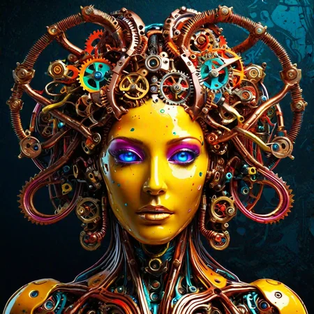 sfw, dynamic splashes, bright colors, high contrast, closeup of a cybernetic medusa made of roast gears with colourful metal , hyperdetailed, photorealistic,<lora:challenge\gearstyle-000001.safetensors:0.8500000000000002:0.8500000000000002>