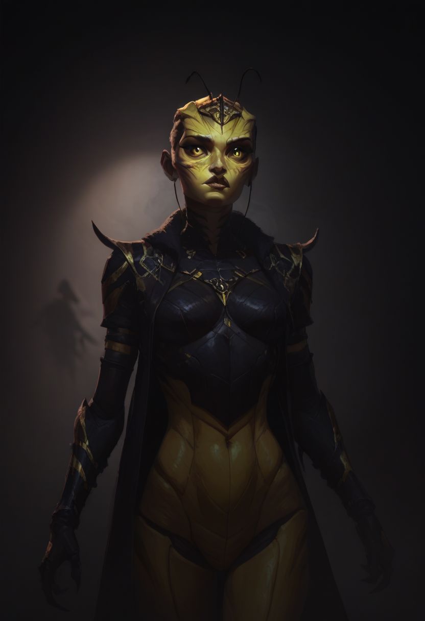score_9, score_8_up, score_8_up, raw, Thri Kreen, colored sclera, beetle antennae, 2 pairs of hands, black eyes, (black chitin, yellow face chitin, yellow stripes:2), insect wings, white hair, black antennae, fur collar,  steel armor, fantasy background, blurred background, arthropod abdomen, arthropod, insect, insect hive background, blurry background, honey, dripping honey, gloden diffuse lighting, dark lighting, Dvorah, (cowboy shot:1.5),
BREAK, arcan3styl3v1, 43stl1ght1ng, low light, dramatic lighting, darkness, smoke, neon, spotlight, concept art, realistic, dark theme, low light,