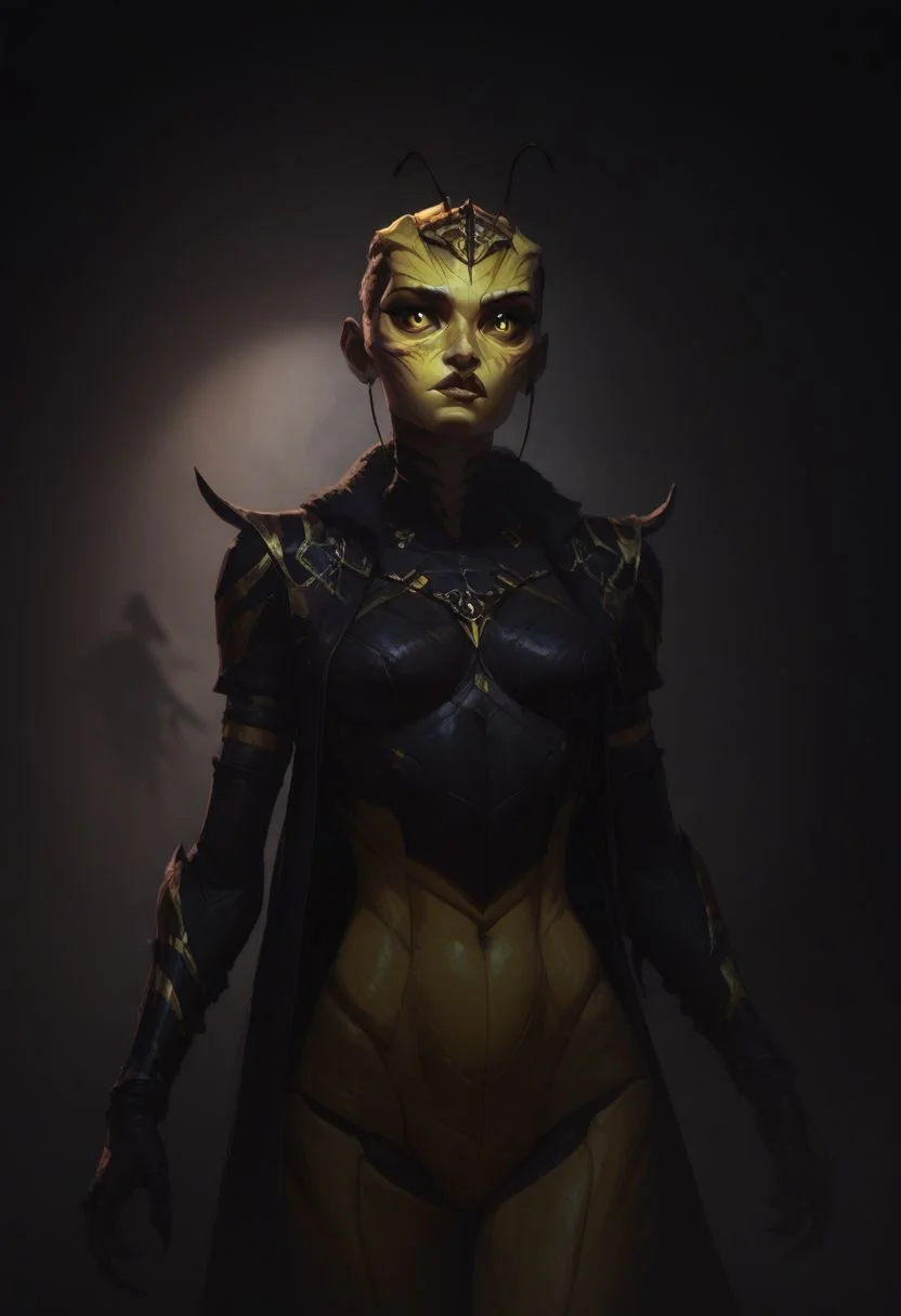 score_9, score_8_up, score_8_up, raw, Thri Kreen, colored sclera, beetle antennae, 2 pairs of hands, black eyes, (black chitin, yellow face chitin, yellow stripes:2), insect wings, white hair, black antennae, fur collar, steel armor, fantasy background, blurred background, arthropod abdomen, arthropod, insect, insect hive background, blurry background, honey, dripping honey, gloden diffuse lighting, dark lighting, Dvorah, (cowboy shot:1.5),
BREAK, arcan3styl3v1, 43stl1ght1ng, low light, dramatic lighting, darkness, smoke, neon, spotlight, concept art, realistic, dark theme, low light,