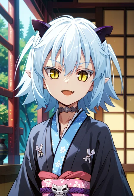 score_9,score_8_up,score_7_up,source_anime, Shiroyasha,1girl,solo,looking at viewer,smile,open mouth,animal ears,upper body,horns,japanese clothes,choker,fang,kimono,slit pupils,