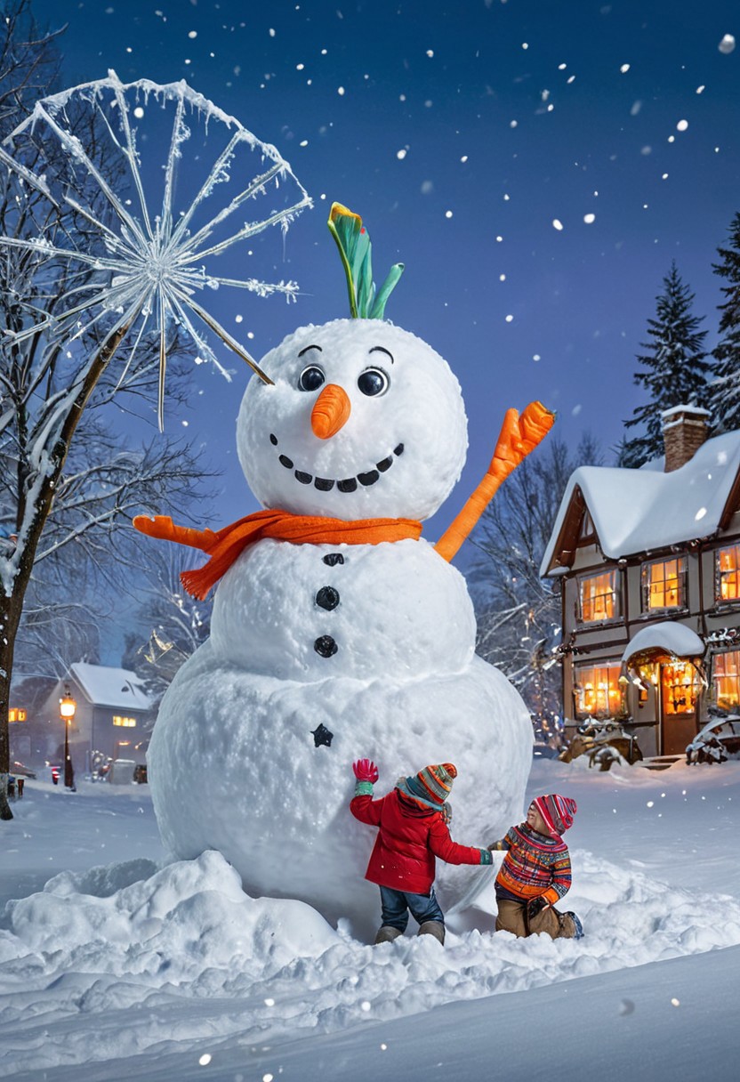A whimsical and enchanting scene capturing the beauty of intricately designed snowflakes, playfully interacting in a humorous winter setting. The snowflakes, each uniquely shaped and sparkling with crystalline details, are depicted as lively characters with expressive faces, engaged in a snowball fight amongst a backdrop of a cozy, snow-covered village. Surrounding elements include cheerful children bundled in colorful winter attire, building a snowman with a comically oversized carrot nose, while fluffy snow drifts softly blanket the ground. The sky is a soft pastel blue, filled with gentle, swirling snowflakes, creating a lighthearted and magical winter wonderland atmosphere.