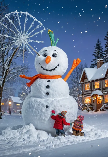 A whimsical and enchanting scene capturing the beauty of intricately designed snowflakes, playfully interacting in a humorous winter setting. The snowflakes, each uniquely shaped and sparkling with crystalline details, are depicted as lively characters with expressive faces, engaged in a snowball fight amongst a backdrop of a cozy, snow-covered village. Surrounding elements include cheerful children bundled in colorful winter attire, building a snowman with a comically oversized carrot nose, while fluffy snow drifts softly blanket the ground. The sky is a soft pastel blue, filled with gentle, swirling snowflakes, creating a lighthearted and magical winter wonderland atmosphere.