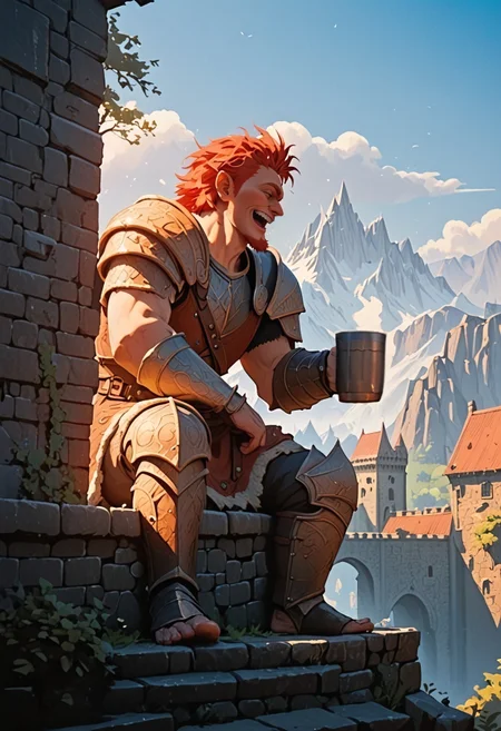 score_9, score_8_up, score_7_up, score_6_up, score_5_up, score_4_up, cowboy shot, 1man, solo, dwarf, red hair, armor, sitting on a wall, holding mug, laughing, exterior, skyhold, parapet view, mountains, tower  <lora:FantasyKeep_Pony:0.7>