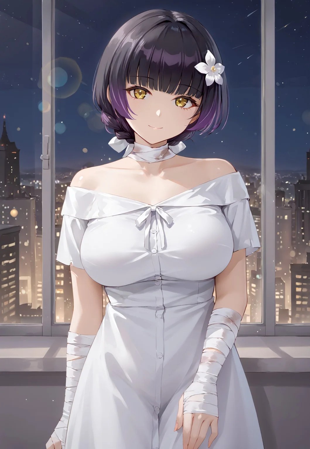 MachlianDef, hair ornament, hair flower, large breasts, white dress, bandaged neck, black hair, bangs, bandaged arm, collarbone, short hair, short sleeves, white flower, bandaged hand, off-shoulder dress, purple hair, braid, multicolored hair, blunt bangs,
looking at viewer, head tilt, closed mouth, light smile,
window, city, cityscape, dark, night, night sky,
1girl, solo, solo focus, highres, absurdres, light particles, shade, lens flare, shiny skin, fine fabric emphasis,
