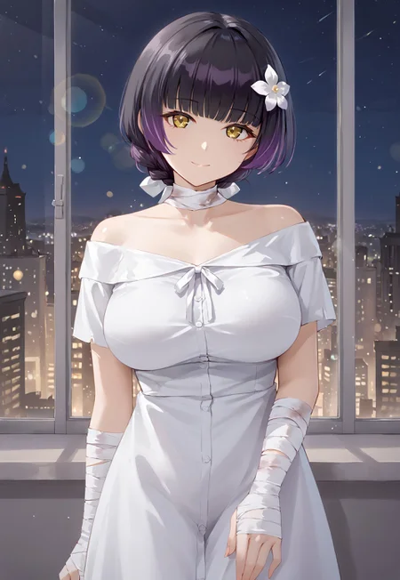 MachlianDef, hair ornament, hair flower, large breasts, white dress, bandaged neck, black hair, bangs, bandaged arm, collarbone, short hair, short sleeves, white flower, bandaged hand, off-shoulder dress, purple hair, braid, multicolored hair, blunt bangs,
looking at viewer, head tilt, closed mouth, light smile,
window, city, cityscape, dark, night, night sky,
1girl, solo, solo focus, highres, absurdres, light particles, shade, lens flare, shiny skin, fine fabric emphasis,