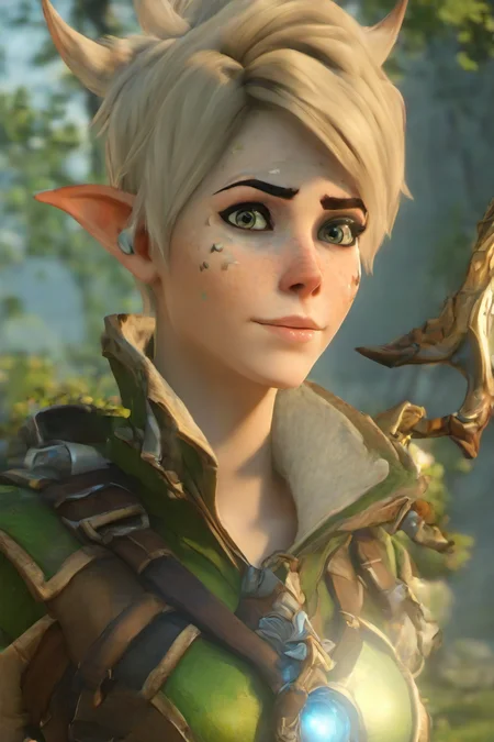 PETracerOW,<lora:PE_TracerOverWatch:1>,
portrait of tracer,freckles,outfit,
wearing elven archer outfit,