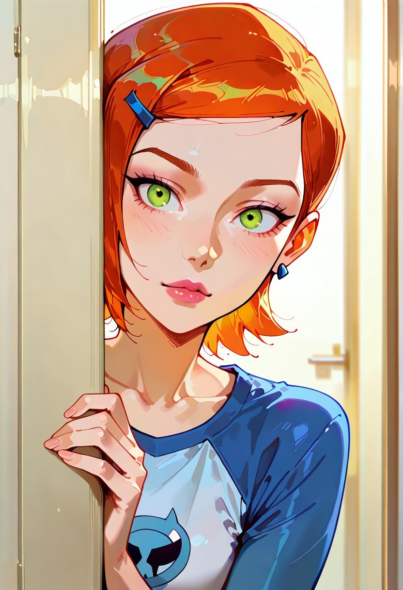masterpiece, best quality, good quality, very aesthetic, absurdres, newest, 8K, depth of field, focused subject, 1girl, slim, fit, realistic, beautiful eyes, gwen tennyson (/Ben10)/,(ultra HD quality details), bright orange hair, short hair, (green eyes), mouth opened, hiding, focusing on colorful beetle, 
peeking out, upper body, hiding behind wall
