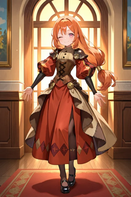 <lora:MonicaIL:0.8> , MoniDef, 1girl, pink eyes, long hair, orange hair, low-tied long hair, juliet sleeves, shoulder pads, patchwork clothes, layered dress, corset, brown corset, long skirt, red skirt, waist cape, beige waist cape, long sleeves, pantyhose, mary janes, black shoes, black arm warmers, red juliet sleeves, looking at viewer, full body, winking, beige shirt, smile, buttoned shirt, masterpiece, very aesthetic, absurdres, best quality, amazing quality, high resolution, detailed background, <lora:illustrious_quality_modifiers_masterpieces_v1:0.8> , <lora:ChamIllustriousBackgroundEnhancer:0.5>,