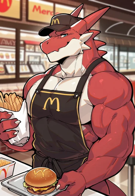st4n, detailed drawing, masterpiece, best quality, amazing quality, 1boy, furry male, solo, bara, muscular male, dragon boy, red skin, blue eyes, mcdonalds headwear, apron, serving food, looking at viewer, smile, table, indoors, restaurants, blurry background