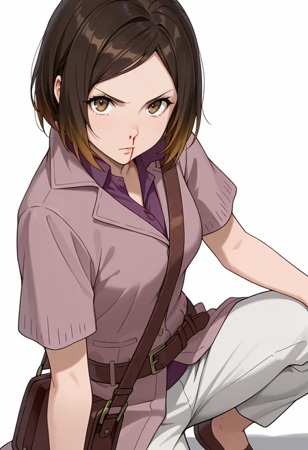 Smooth Quality,masterpiece,very intricate, high quality details, ultra realistic, high detailed skin,detailed enviorement,absurdres,
simple background, white background,solo,
crouching, one hand on ground, other on knee, intense gaze, balanced stance, ,sideways,nosebleed,
<lora:Kirara_Mizutani_cnn:0.8> 1girl, short hair, brown hair, multicolored hair, two-tone hair, brown eyes, at viewer, upper body,shirt, short sleeves, collared shirt, coat, pants, purple shirt,brown belt, shoulder bag,
