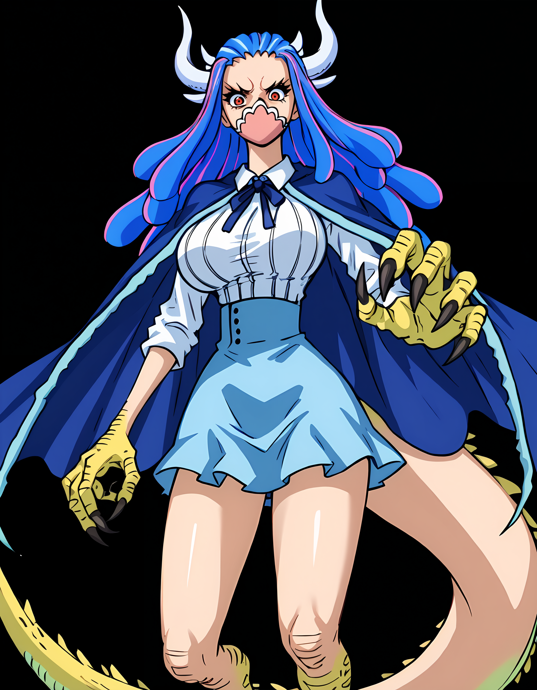 <lora:Ulti-000010:1>ult1, hybrid-form, 1girl, blue skirt, claws, blue cape, white shirt, tail, black background, talons, monster girl, simple background, large breasts, high-waist skirt, face mask, animal feet, shirt tucked in