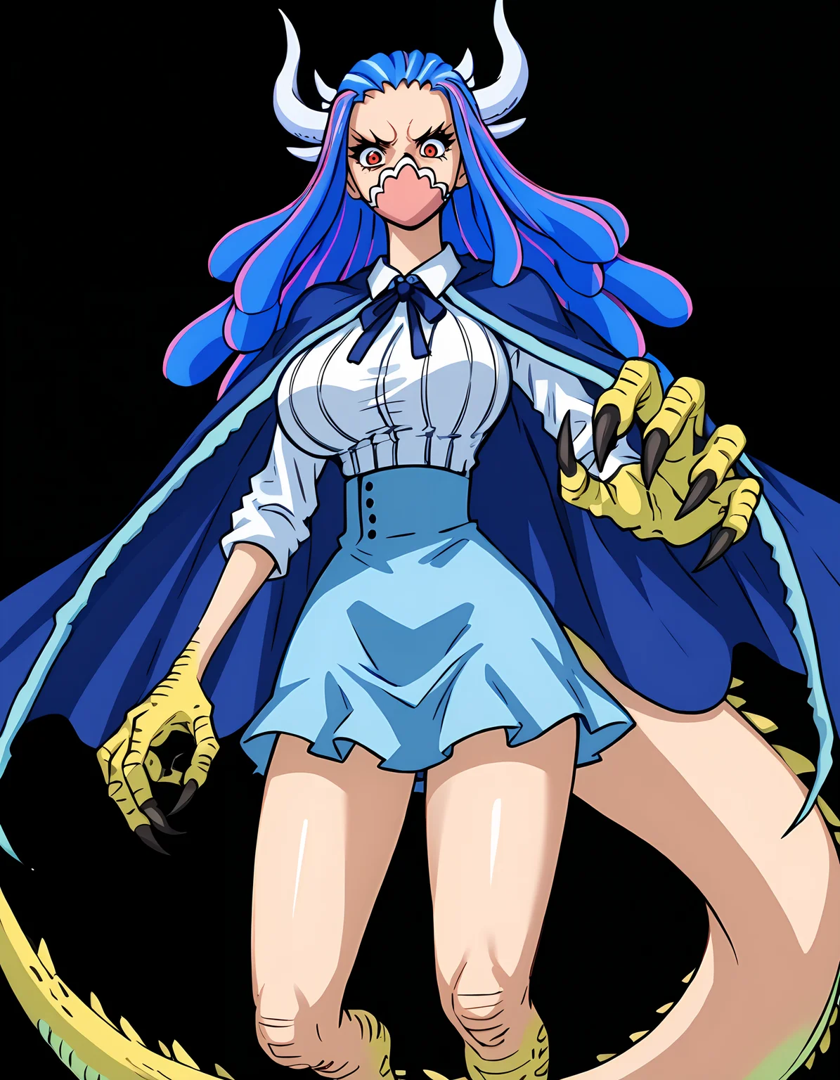 <lora:Ulti-000010:1>ult1, hybrid-form, 1girl, blue skirt, claws, blue cape, white shirt, tail, black background, talons, monster girl, simple background, large breasts, high-waist skirt, face mask, animal feet, shirt tucked in