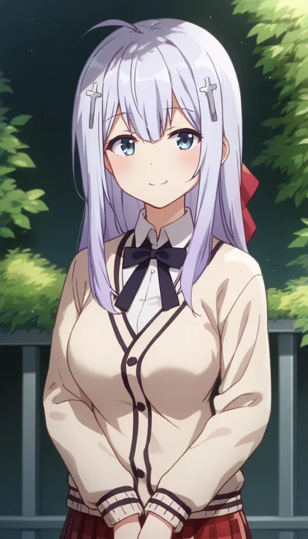 score_9,score_8_up,score_7_up,score_6_up BREAK official art,solo,outdoors,upper body,(portrait:1.5),looking at viewer,facing viewer,smile,blush,Raphiel Shiraha Ainsworth,ahoge,long hair,light purple hair,cross hair ornament,hair bow,sidelocks,hair between eyes,beige cardigan,neck ribbon,black ribbon,collared shirt,white shirt,long sleeves,medium breasts,plaid skirt,pleated skirt,red skirt,black socks,loafers,<lora:Raphiel Shiraha Ainsworth(gd)-Pony:1.5>,