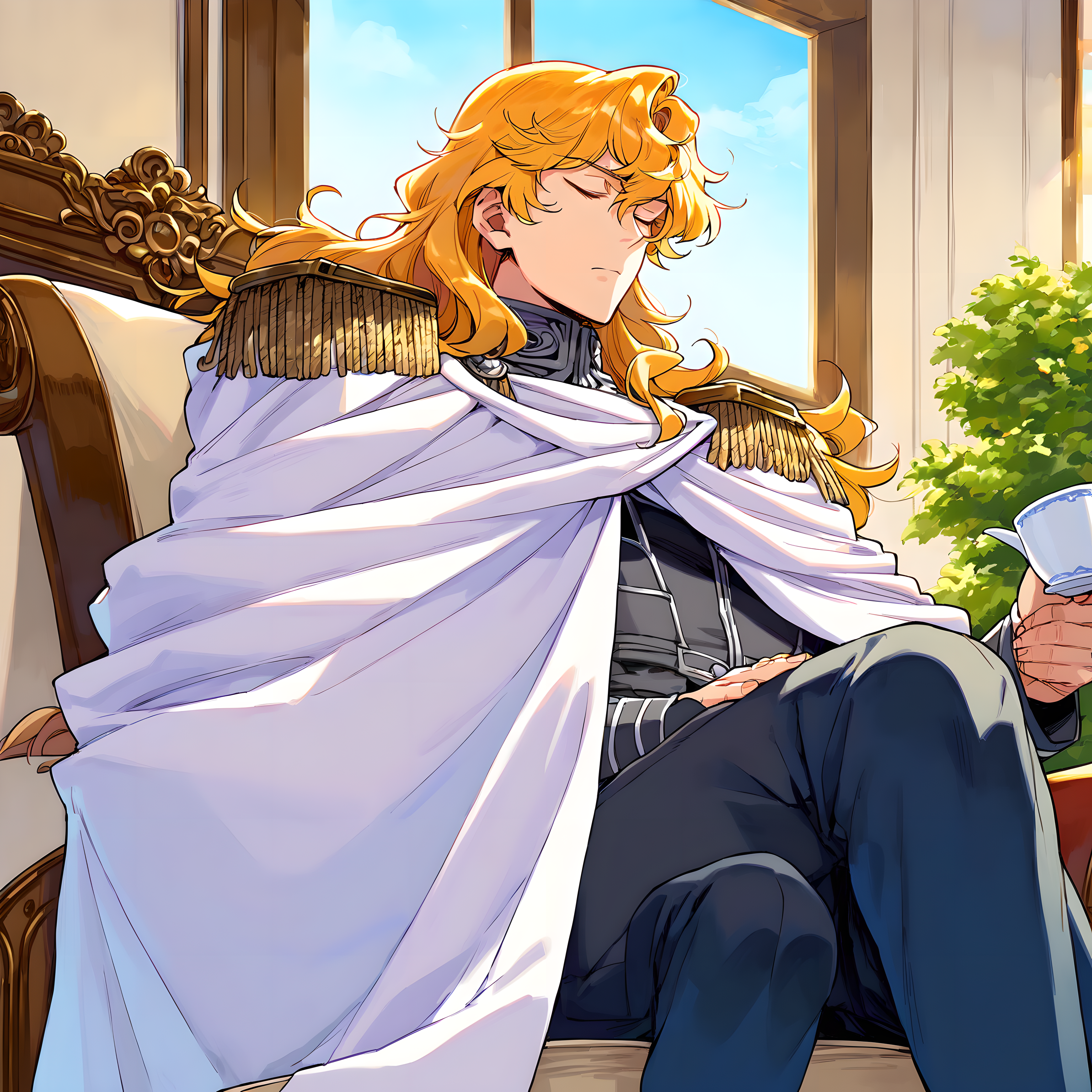 <lora:pony_xl_Reinhard:0.8>,Reinhard,score_9,score_8_up,male,1boy,solo,long hair,male focus,star \(sky\),uniform,white cape,epaulettes,military,military uniform,military clothing trousers,sitting,closed eyes,cup,window,parody,teacup,we cross our legs,