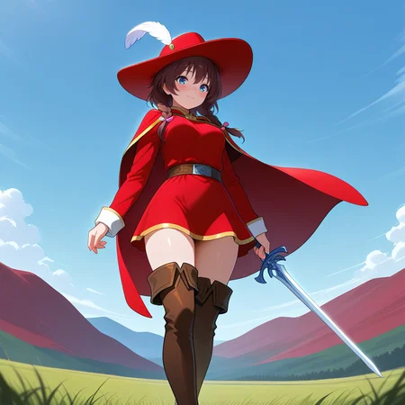 masterpiece, best quality, amazing quality, newest, 1girl, <lora:red_mage_V1.0_Illustrious:0.9>,red_mage_cos,(red feathered hat:1.2),red cape,red dress,gold trim,belt,thigh boots,,light smile,vast grassy plain, distant mountains, blue sky, outdoors, holding sword, from below,, <lora:HolyKnight_RiccaV3_Illustrious:1>,holy_ricca,braid,twin braid,long hair,breasts,blue eyes, brown hair